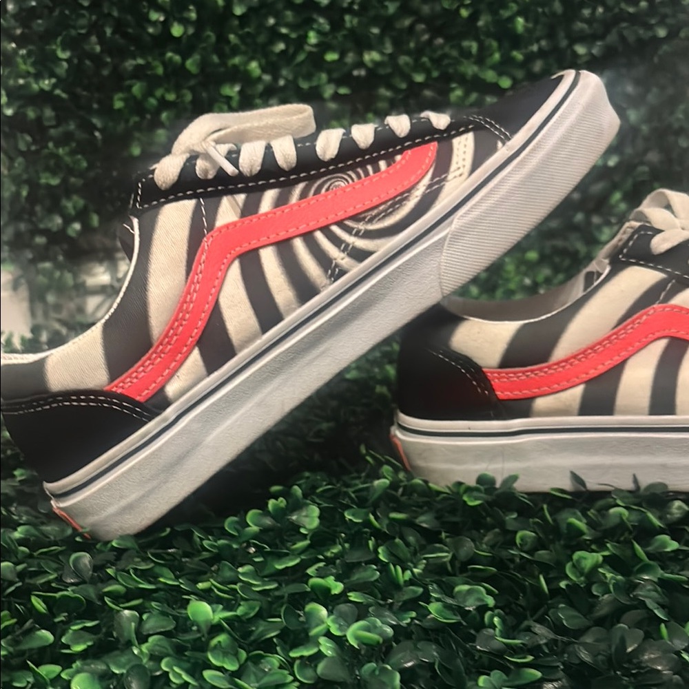 Vans Black and White Sneakers with Red Logo